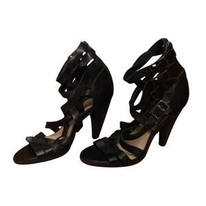 Frye Mika Black Leather Strappy Back Zip 4 Buckle Heel Sandal Sz 7.5M